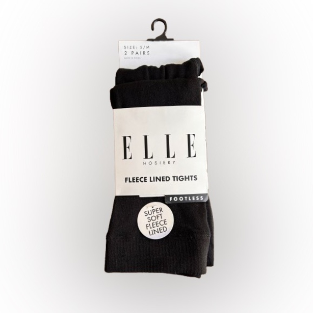 NWT ELLE Hosiery Black Fleece Lined Tights, Footless, 2 Pairs, Size S/M